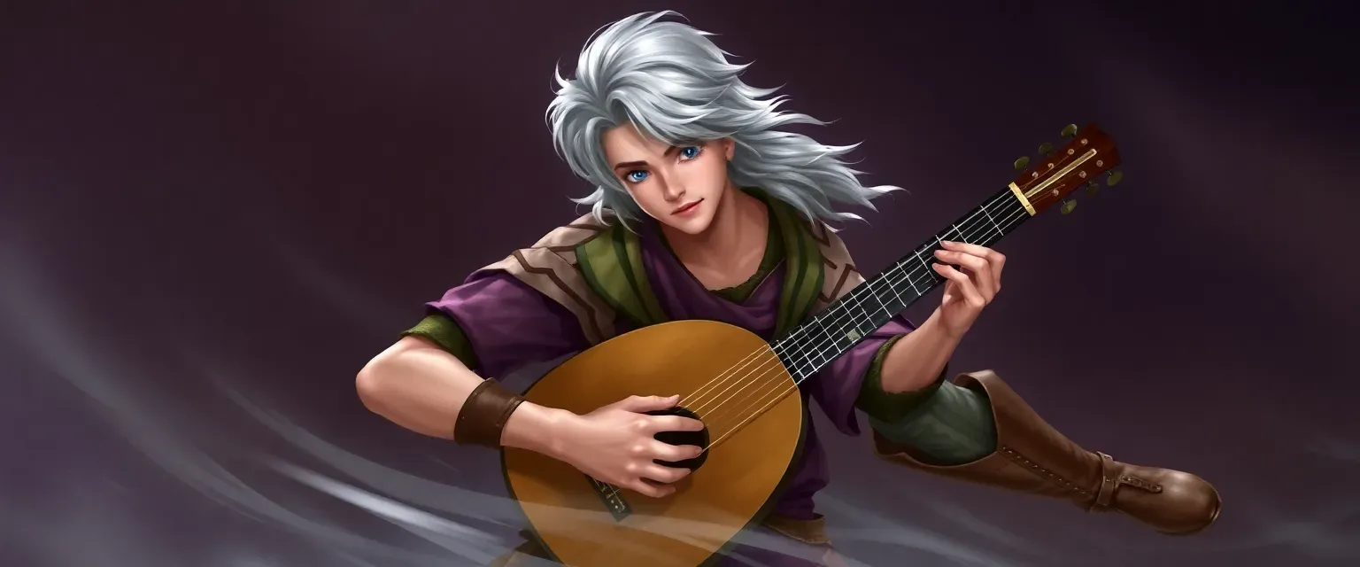 A young man with silver hair and blue eyes, wearing a vibrant tunic and soft leather boots, holding a lute.