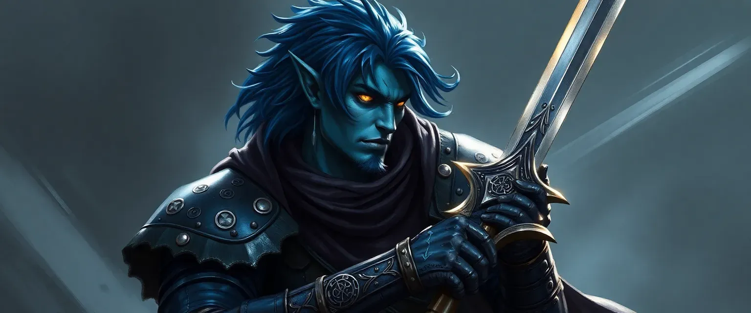 Githyanki male with deep blue hair, wearing dark leather armor with silver runes, wielding a shimmering longsword.