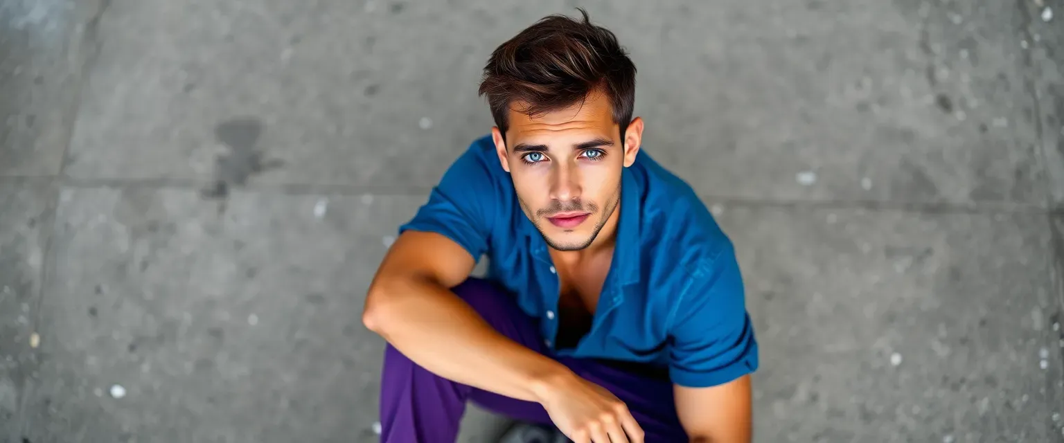 A Puerto Rican-American man from Sweden with short dirty brown hair, tan skin, and blue eyes. He wears a blue shirt, purple pants, and gray shoes, exuding a chill and rugged look.