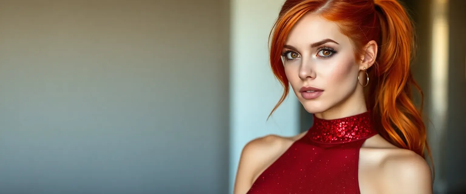 Tall, 22-year-old woman with fiery red hair in a ponytail, wearing a shimmering crimson bodysuit, ruby eyes.