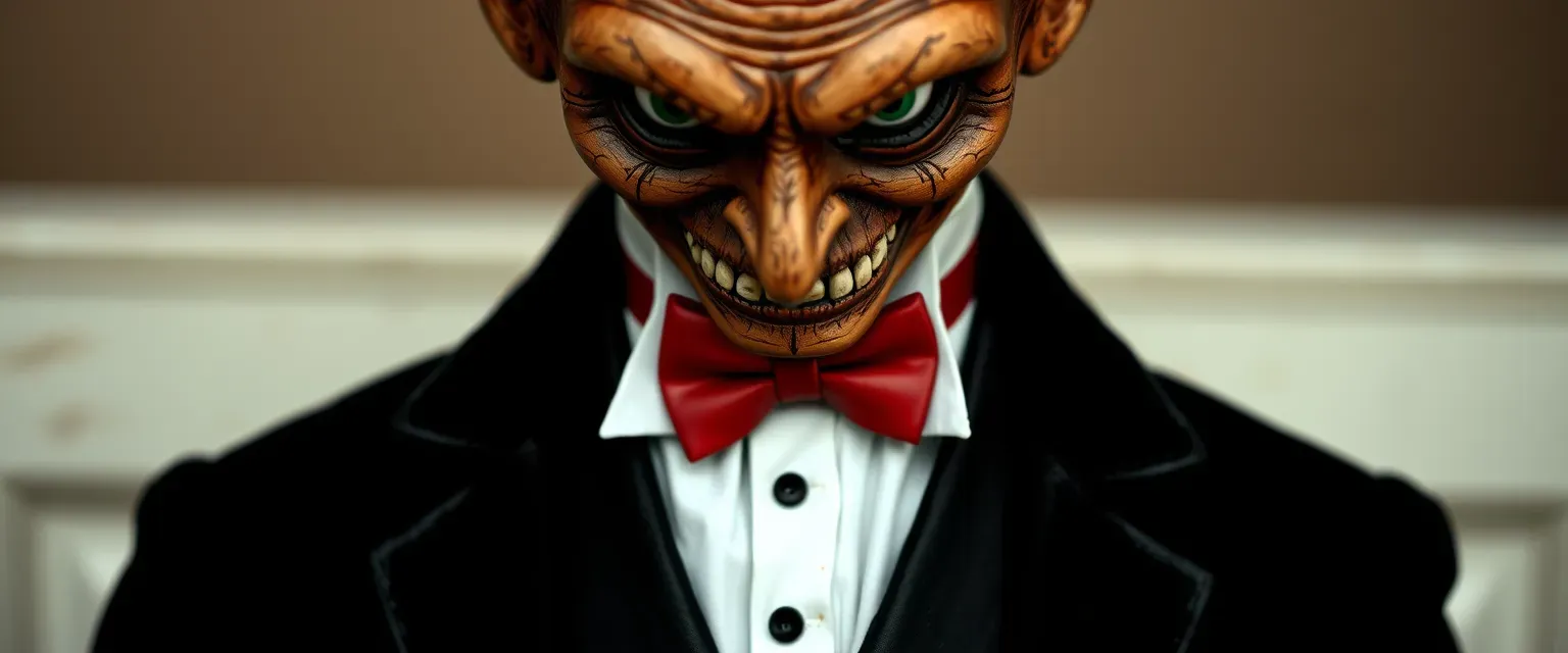 A living ventriloquist dummy, carved from aged wood and imbued with a sinister life force, with a macabre appearance of a dapper gentleman, complete with a black tux suit, vest, striking red bow tie, and piercing green eyes.