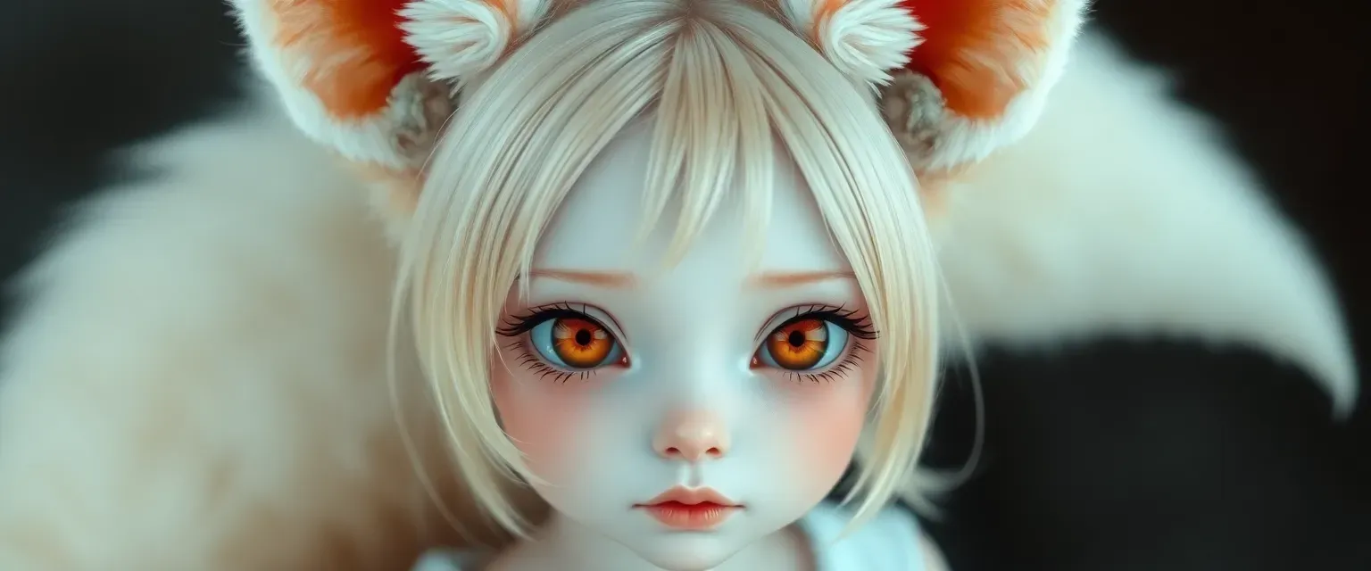 Petite girl with pale skin, large pale blonde fox ears and tail, sharp orange slit eyes, and pale blonde hair.