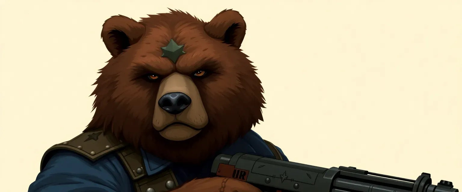 A seasoned bear gunner, muscular build, deep brown fur speckled with gunpowder, wearing a worn navy uniform with gunner's insignia.