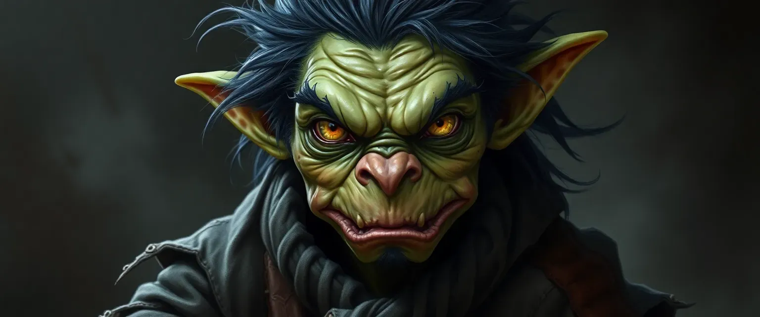 A goblin with soot-covered green skin, wild black hair, and yellow eyes, wearing a singed, patchwork robe.