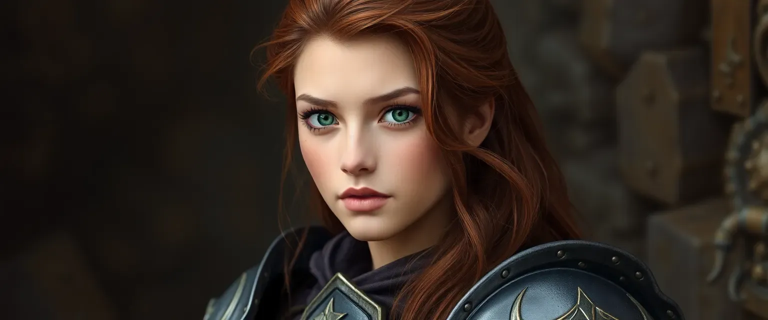 Young woman, brown skin, auburn hair, green eyes, wearing a half plate armor.