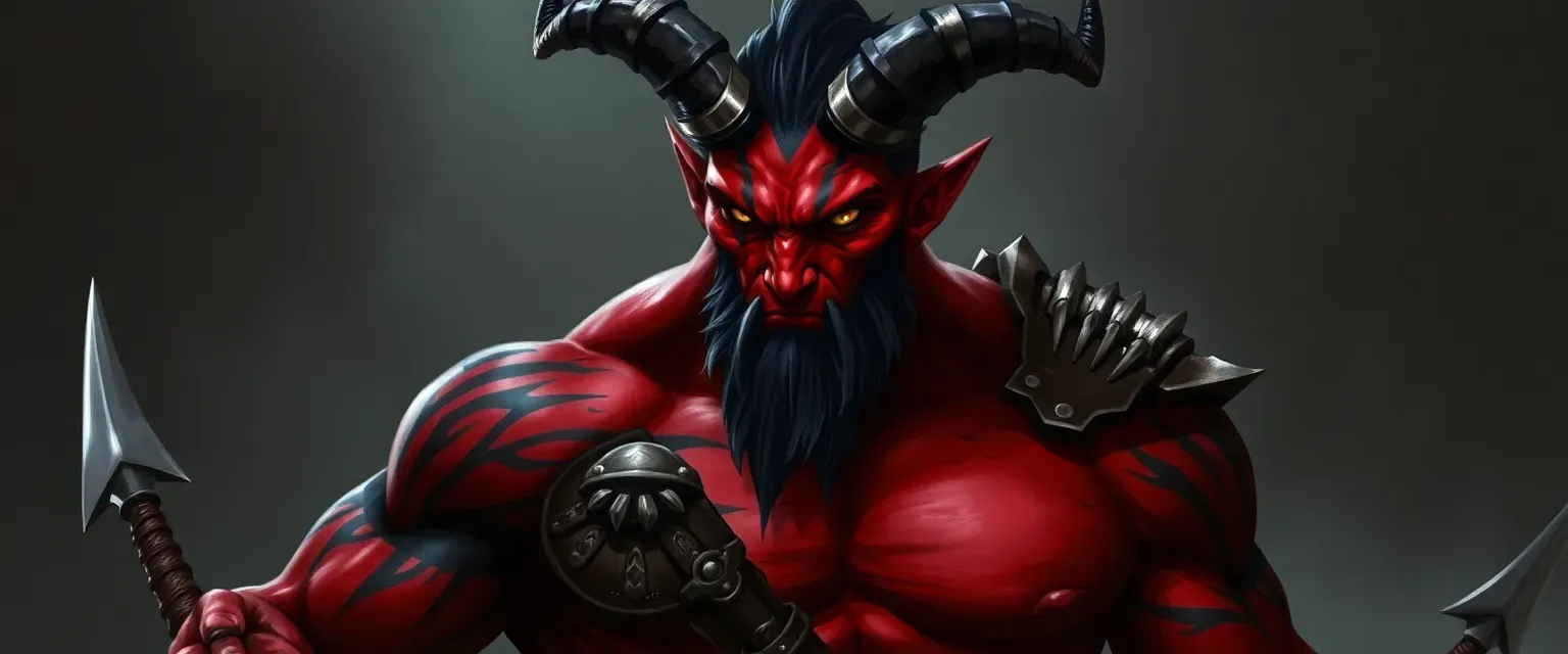 Tall tiefling barbarian with crimson skin, black tattoos, curved horns, and piercing yellow eyes, muscular and scarred.