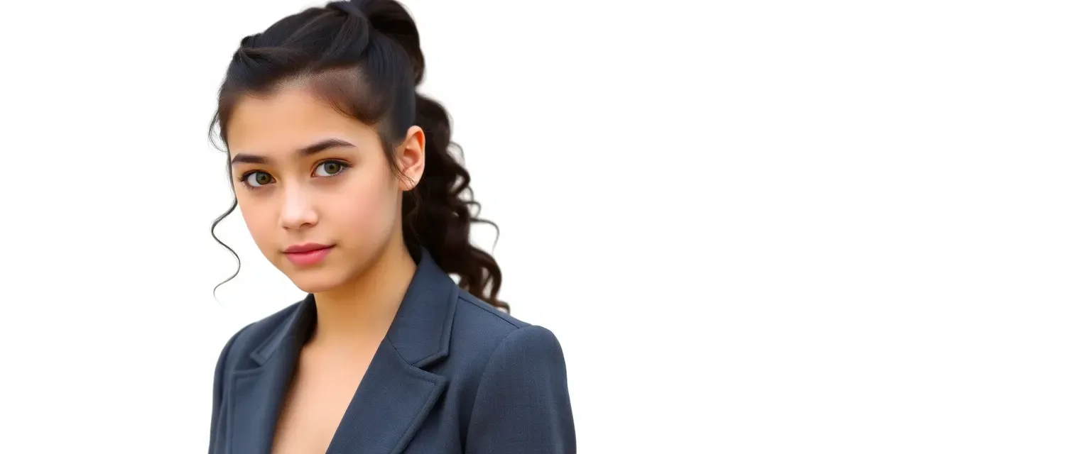 17-year-old girl with dark curly hair in a ponytail, green eyes, wearing a tailored blazer and black boots.