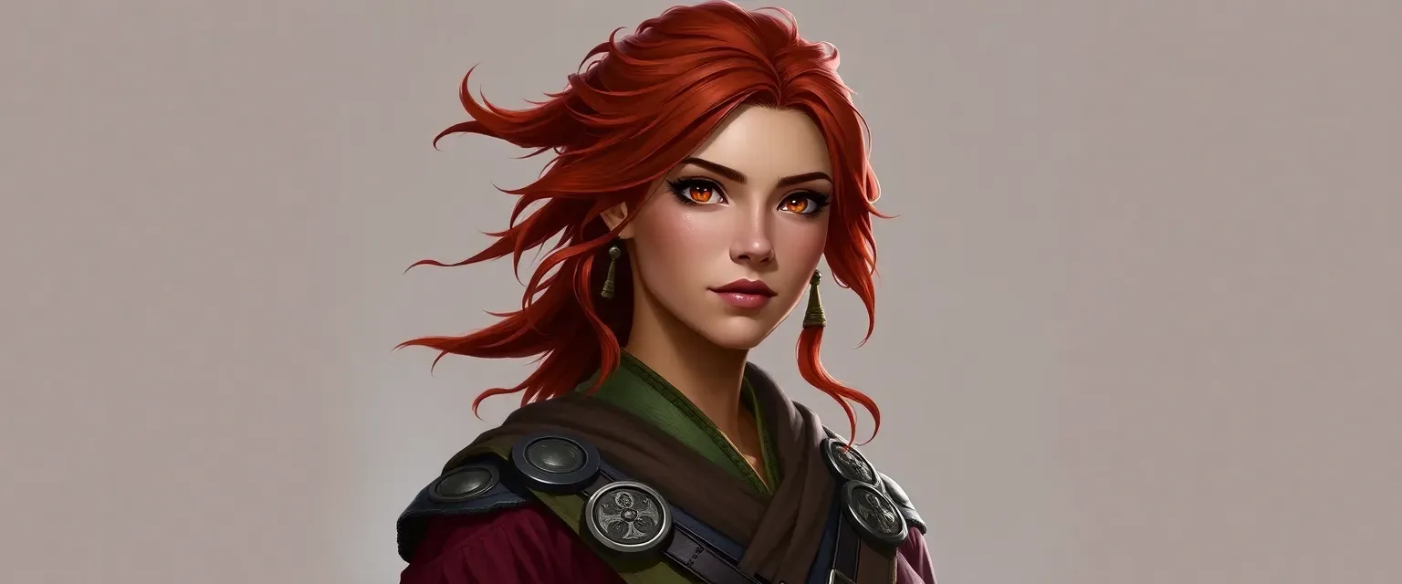 Ainesa, late 20s, Fire Nation warrior with crimson hair and amber eyes, wearing traditional garb with rank insignia.