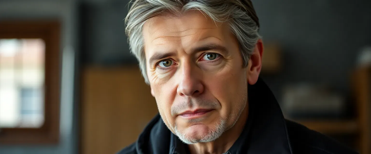 Early 40s man with gray-streaked brown hair, deep-set eyes, wearing dark, functional clothes.