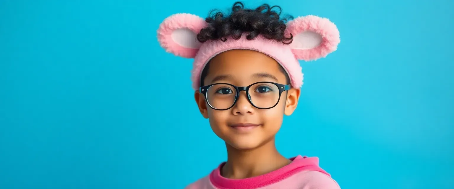 An 11-year-old Chinese-Sudanese boy with glasses and curly hair wears an Aquapets pink fluffy Puku ears headband. Born without vocal cords, he communicates via sign language and uses a talking device mimicking Puku's voice.