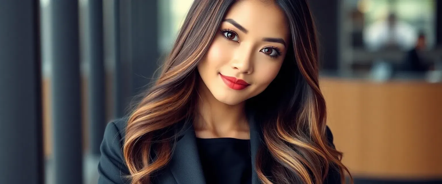 A petite Asian-American woman in her late 20s with long ombre hair, wide brown eyes, wearing fashionable business attire, radiating confidence and determination.