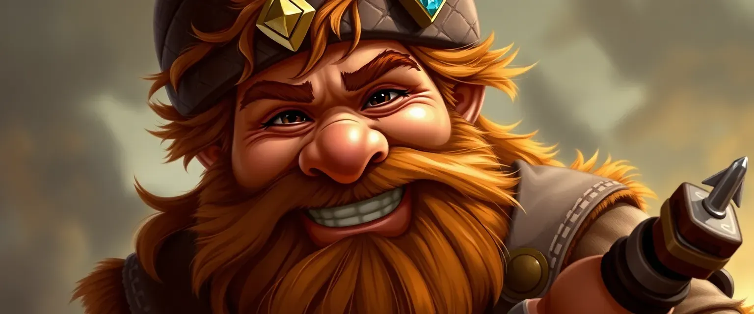 26-year-old dwarf, robust, tanned skin, bright smile, unruly chestnut hair, leather cap with gemstone.