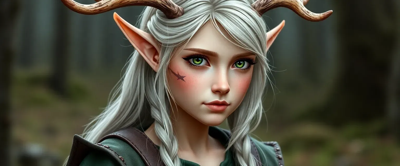 19-year-old elf girl with deer antlers, a scar on her cheek, green eyes, silver hair, wearing a green tunic and brown boots.