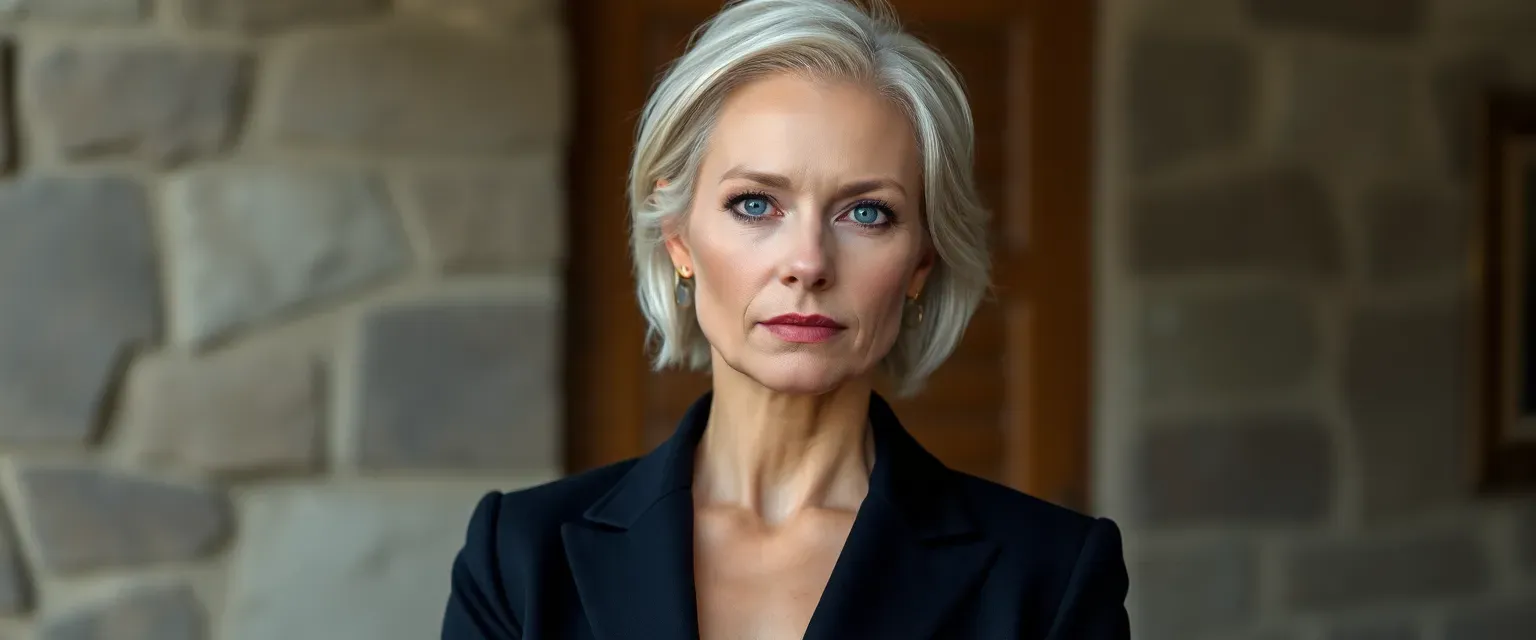 Silver-haired woman in her 50s, sharp features, piercing blue eyes, wearing a dark tailored suit.