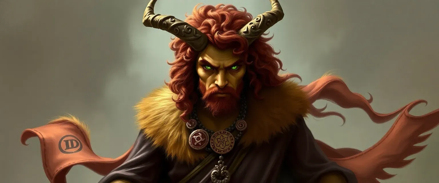 Faun with chestnut fur, flowing robe with Dionysus symbols, wild curly hair, vibrant green eyes.