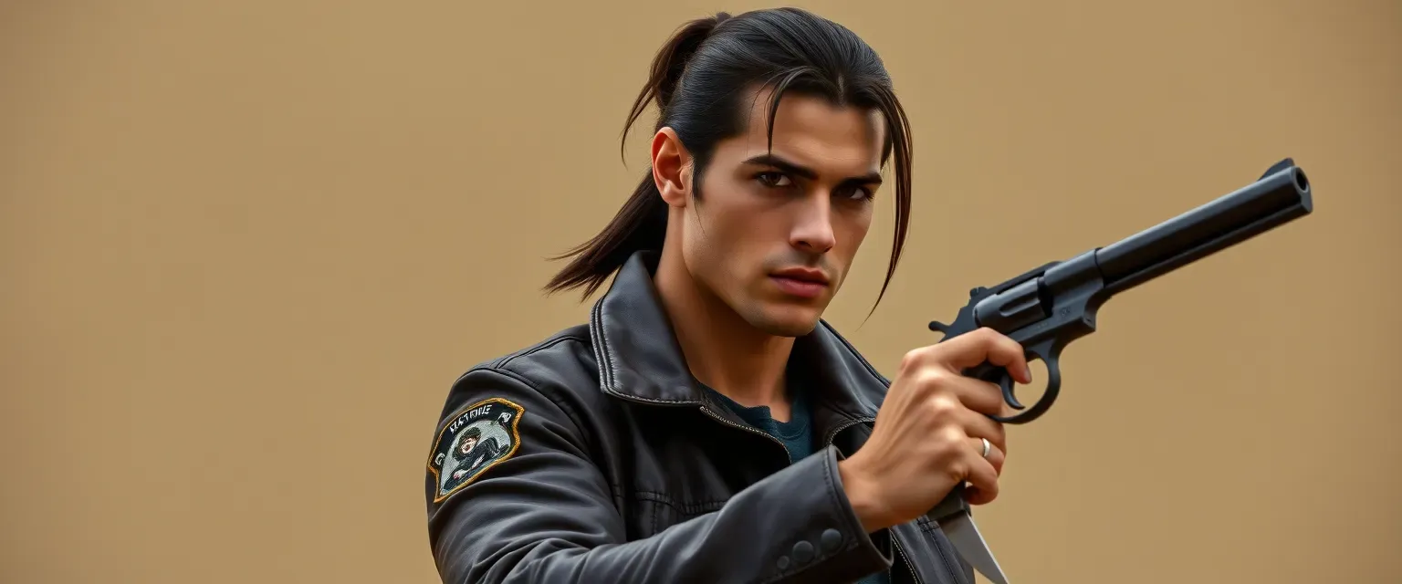 Late twenties, muscular, tanned skin, dark brown hair in ponytail, leather jacket with patches, armed with revolver and knife.