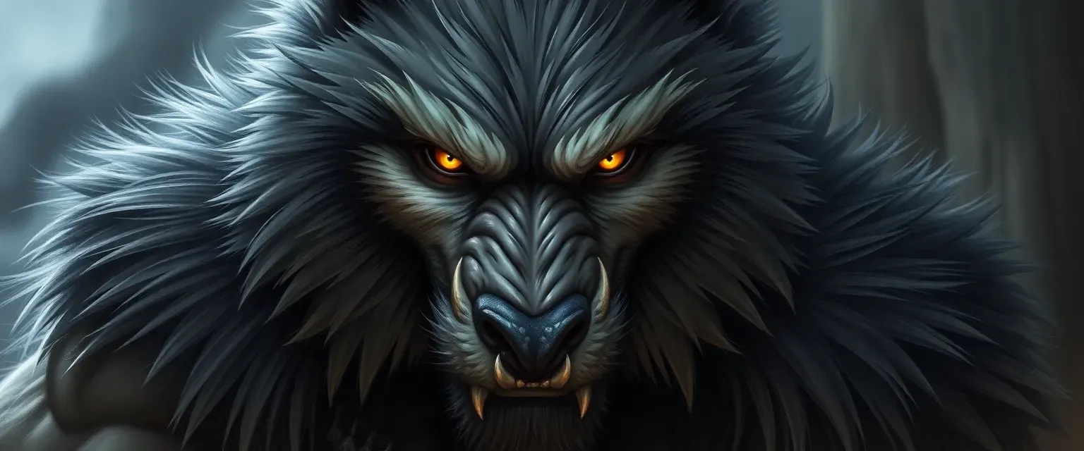 35-year-old muscular werewolf with piercing yellow eyes and deep gray fur, wearing enemy pelts.