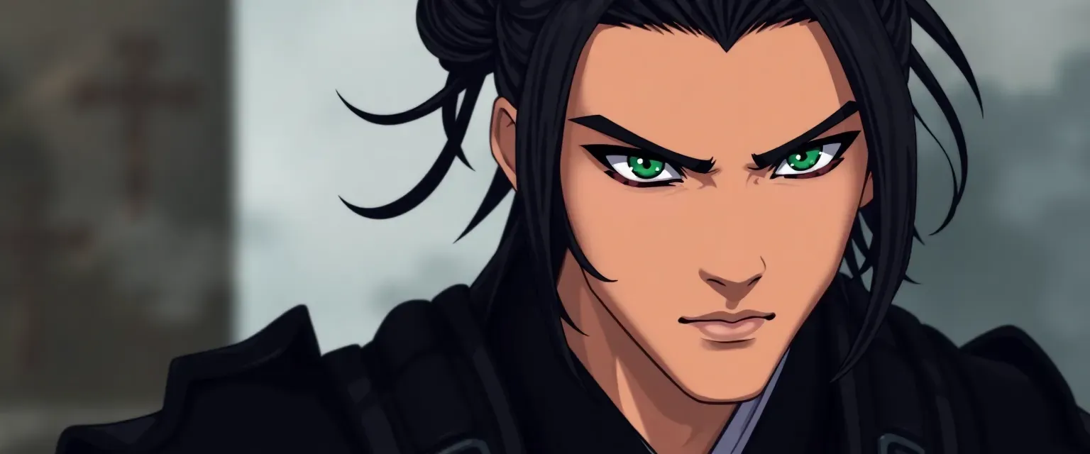 Young man with jet-black hair in a warrior's knot, piercing green eyes, wearing a dark kimono with armor.