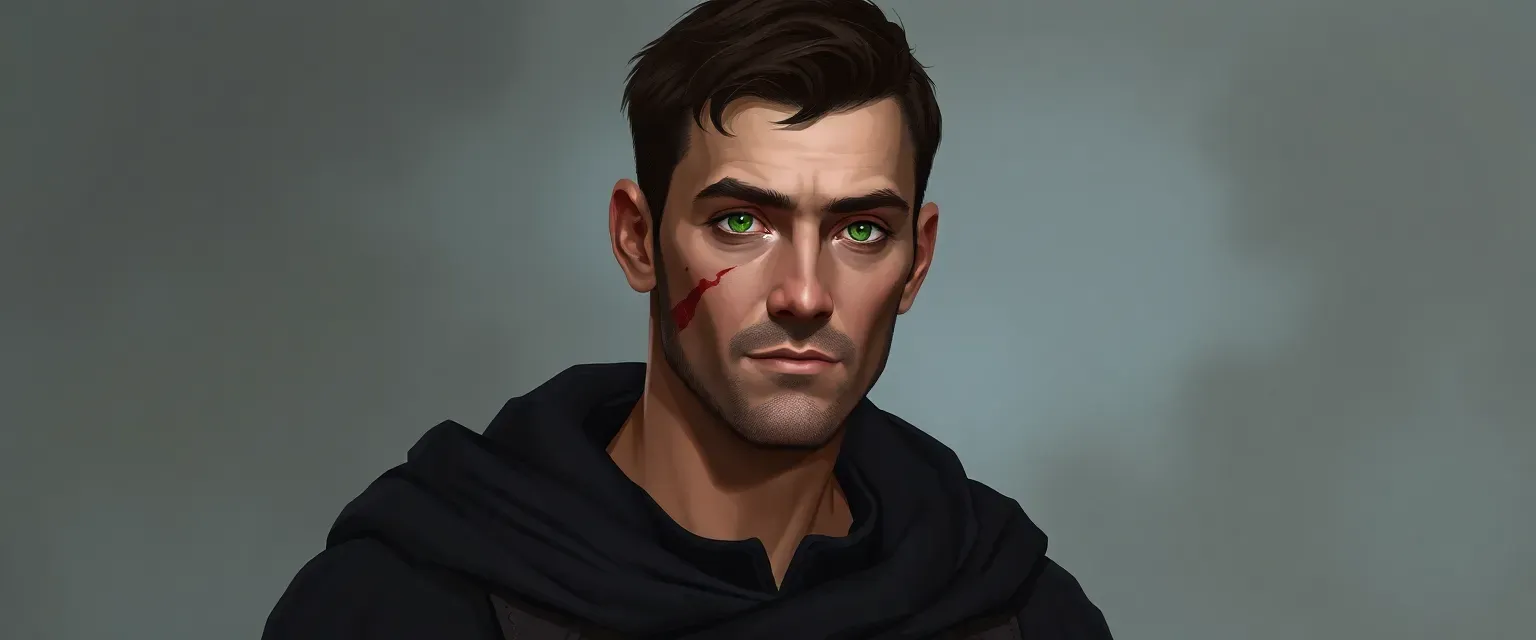 A lean man in his 30s with short dark brown hair, green eyes, and a facial scar. Dressed in dark, nondescript clothes with a cloak.