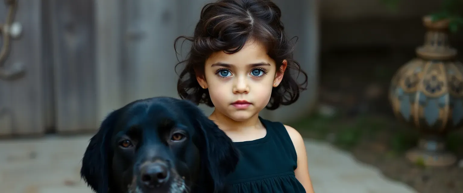Five-year-old girl, dark brown curly hair half up, azure eyes, small stature, wearing dark green or black dress, accompanied by large black dog.