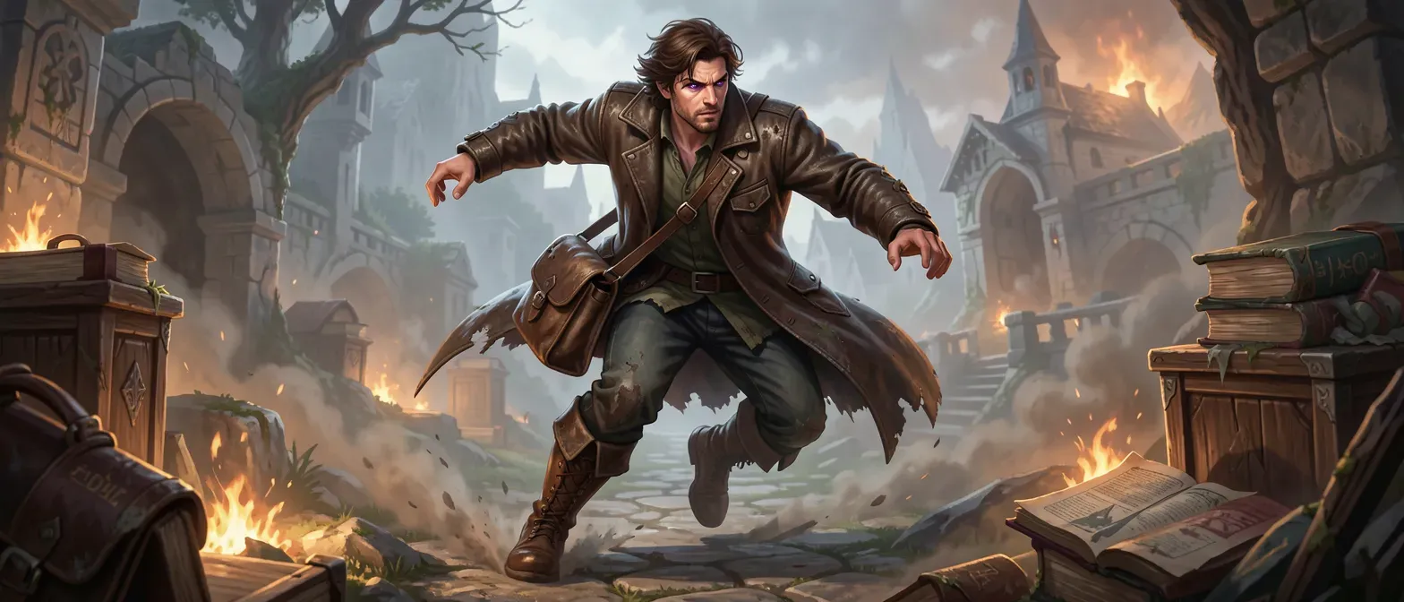 25-year-old man with brown hair, dark purple eyes, wearing weathered leather coat and sturdy boots, carrying a satchel.
