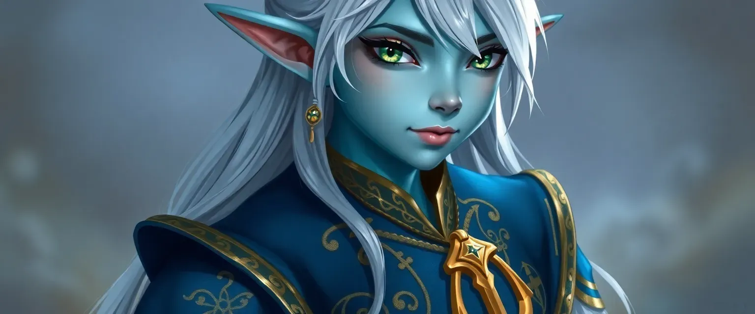 Azure-skinned Sea Elf with silver hair and sea-green eyes, wearing a blue doublet with gold embroidery and a golden anchor pendant.