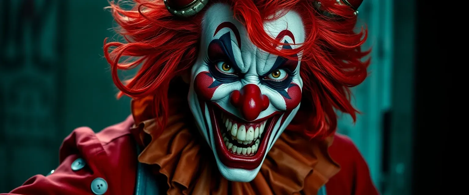 Wild red hair, maniacal grin, clown attire mixed with urban decay, gleeful cackle.