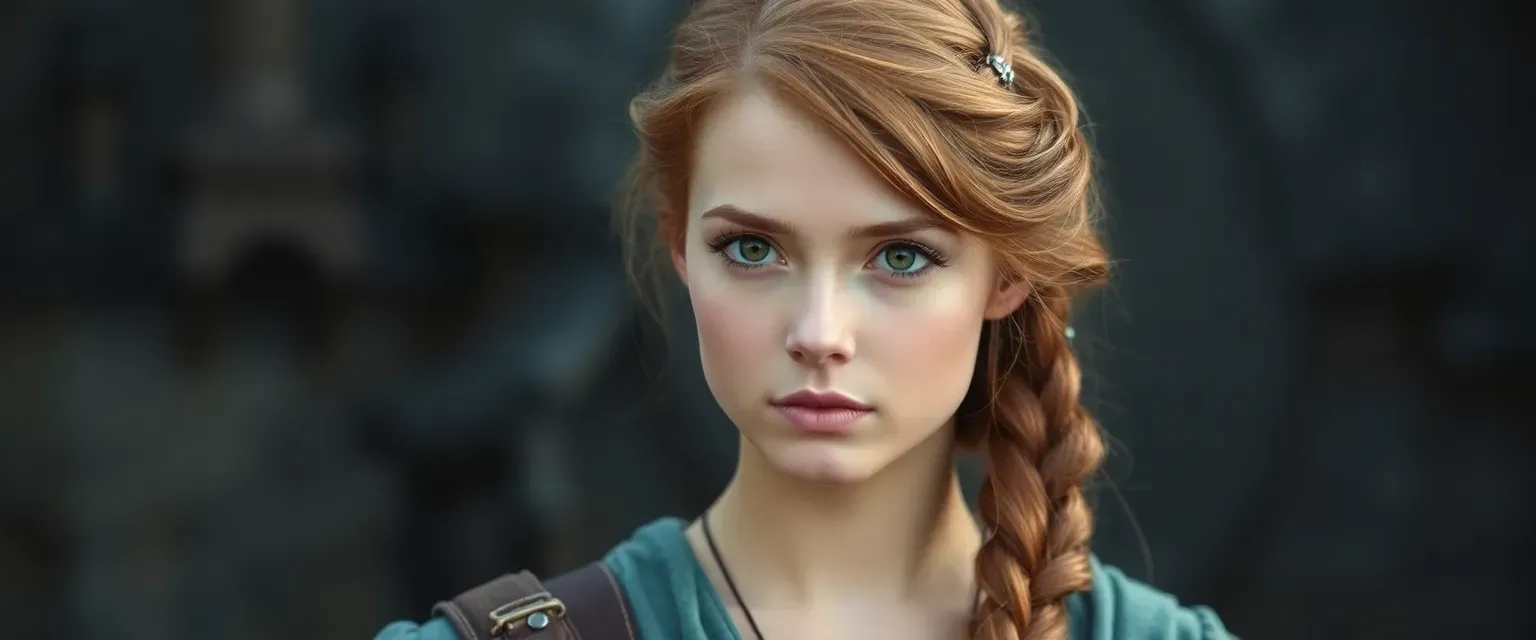 Young woman with hazel eyes and chestnut hair in a braid, wearing muted colors, slight frame.