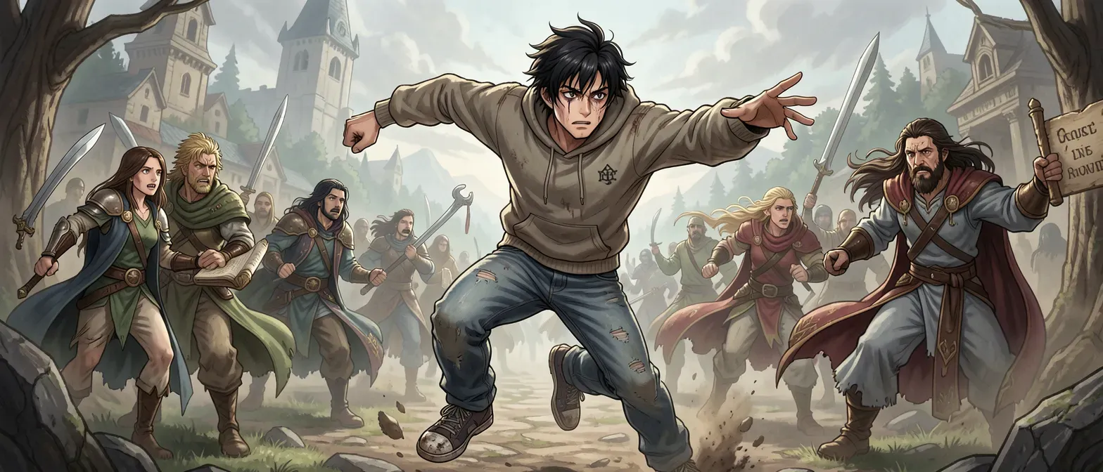 Wiry 24-year-old Japanese man with tousled black hair, sharp almond eyes, dark circles; wearing faded jeans, scuffed sneakers, threadbare hoodie; lean build, weary expression.