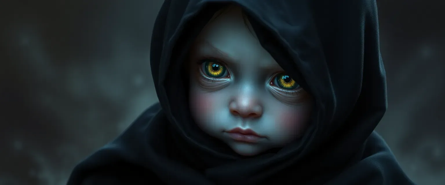 Newborn warlock with serpentine yellow eyes, pale blue skin hidden under dark robes, and midnight black hair veiled by a hood.