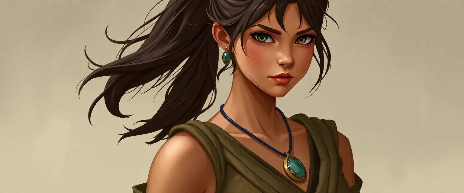 Young earthbender, early twenties, sturdy build, tanned skin, dark hair in a ponytail, earth-toned attire, stone pendant.