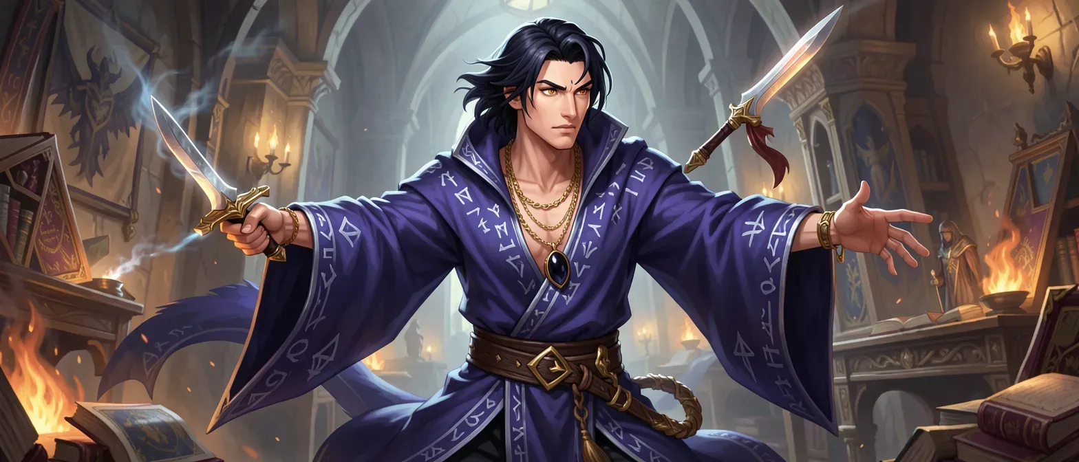25-year-old lean human wizard with raven hair, hazel eyes, sharp features, wearing luxurious indigo robes with silver runes, gold jewelry, and an obsidian pendant.
