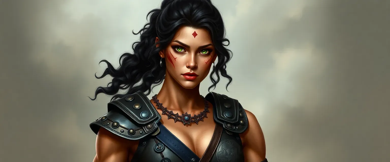 Tall, muscular woman with dark curly hair in a ponytail, green eyes, scars on face, wearing leather armor with victory symbols.