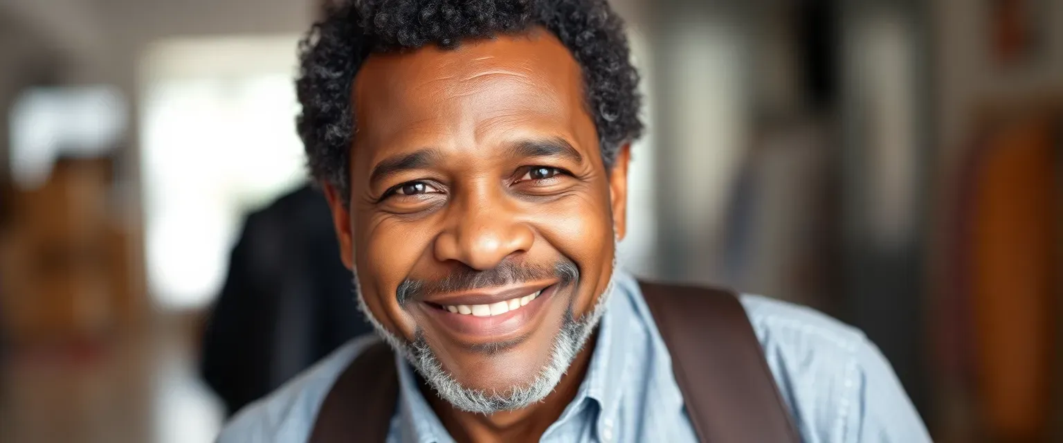 A Black man in his 40s, with a warm smile and determined eyes, dressed in a smart casual outfit, reflecting his journey from poverty to success.