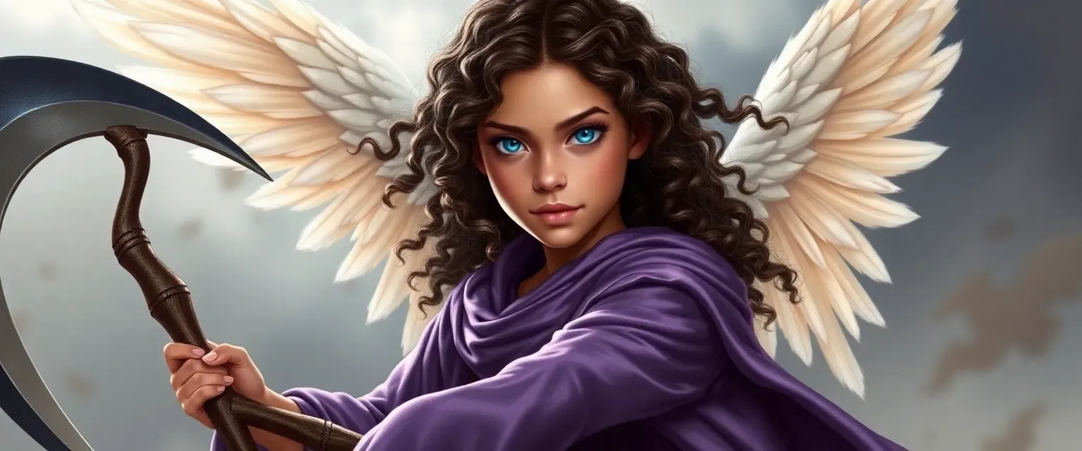 15-year-old girl with tan skin, blue eyes, and long dark brown curly hair, wearing celestial robes, wielding a scythe.