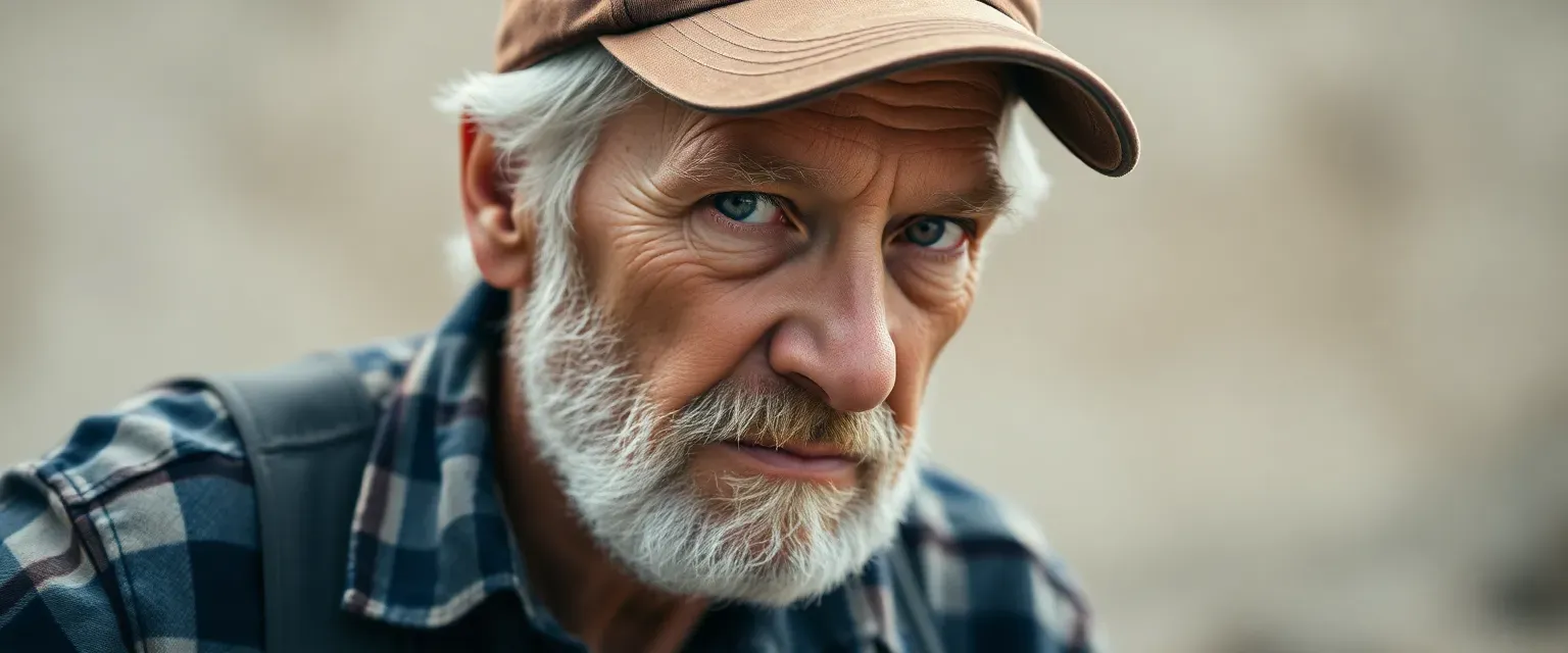 72-year-old man with weathered face, white hair, gray eyes, wearing a flannel shirt, jeans, and a baseball cap.