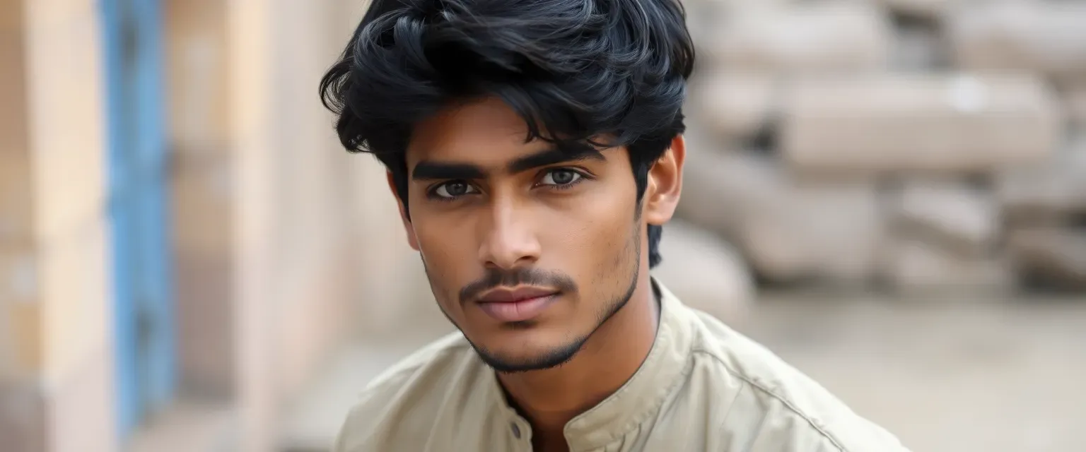 A 28-year-old Indian man with tousled dark hair, deep brown eyes, and a lean build, wearing a kurta and jeans.