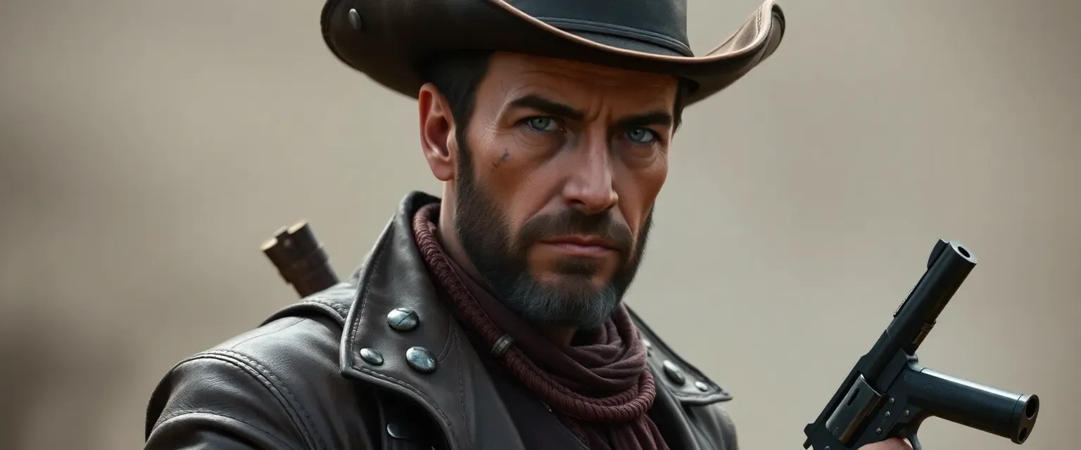 A 35-year-old outlaw with gray eyes, scarred face, wearing a worn leather duster and carrying a revolver.