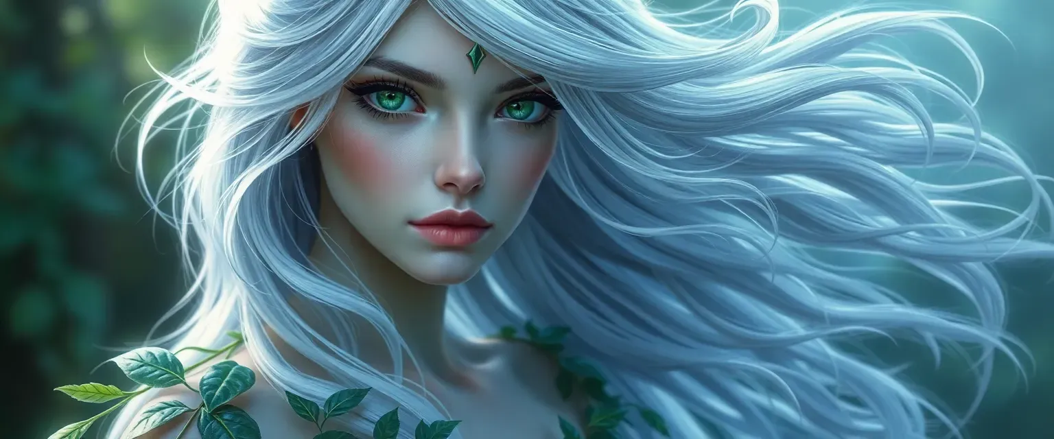 Silver-haired fae woman with emerald eyes, wearing a leaf-vine gown, ethereal and serene.