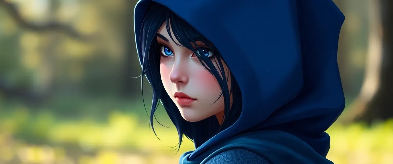 18-year-old girl with pale skin, dark hair, violet eyes, wearing a blue hooded cloak and leotard.