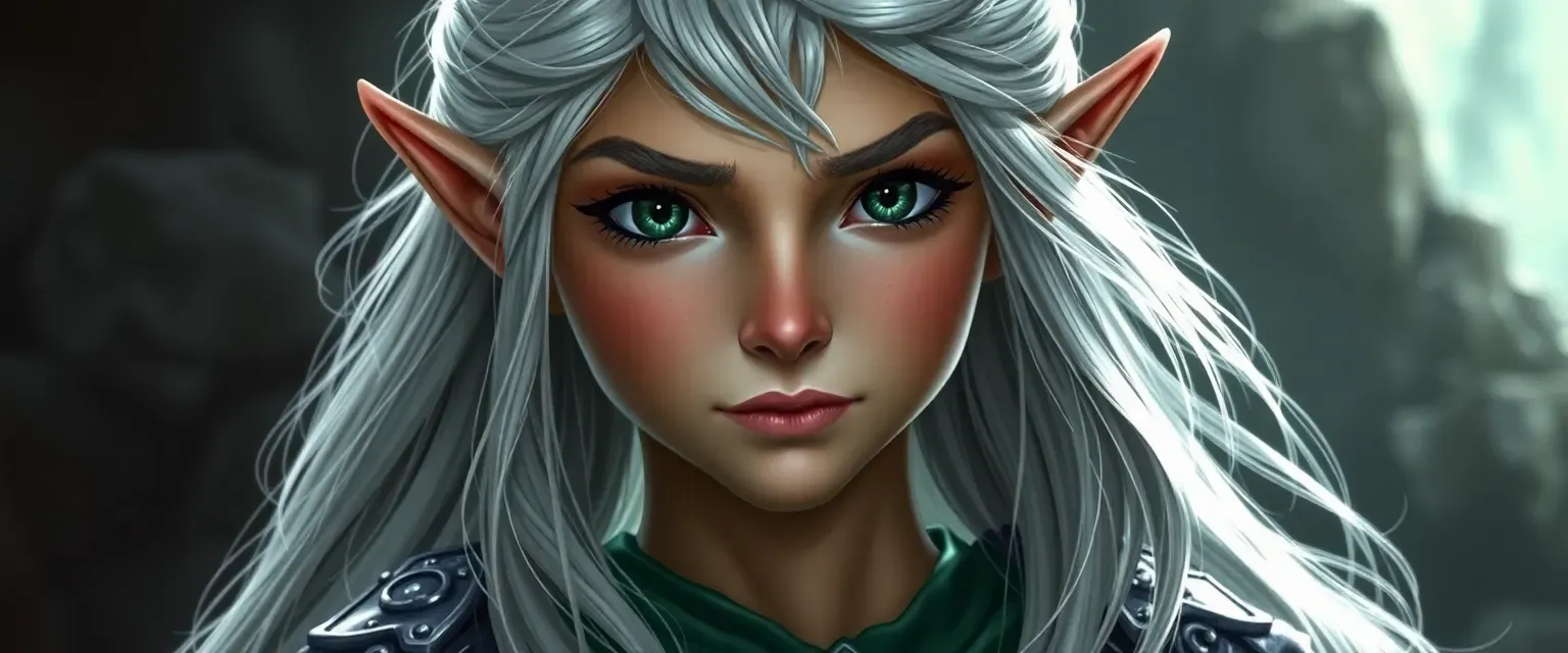 Silver-haired elf in deep green and silver attire, exuding charm and wit, with a youthful yet cunning appearance.