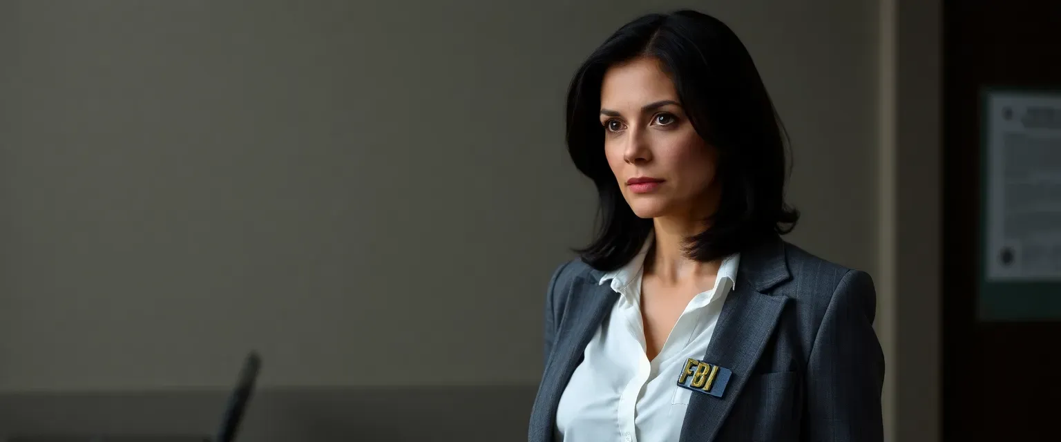Dark-haired woman in her late 30s, wearing jeans, white blouse, and a blazer, FBI badge visible.