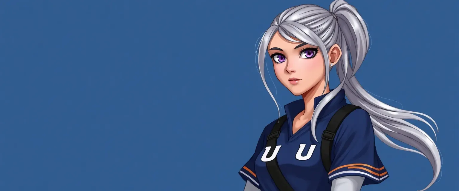 16-year-old girl with silver ponytail, violet eyes, slender, wearing UA uniform.