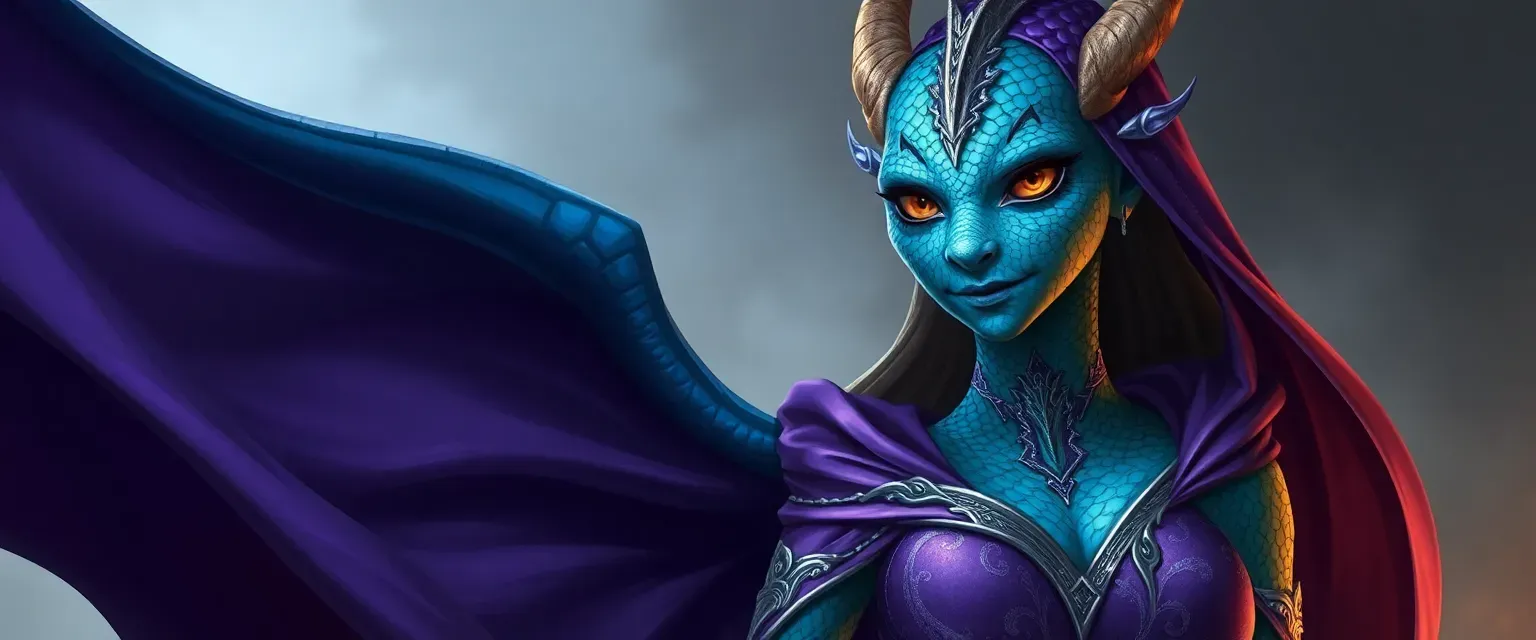 Tall female Dragonborn with azure scales, golden eyes, and flowing purple robe with silver arcane embroidery.