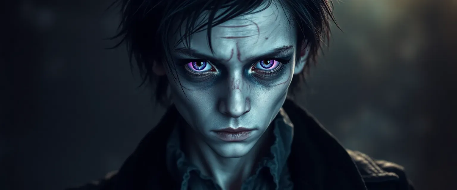 A gaunt, pale teenage boy with glowing purple eyes, wearing tattered Victorian-era clothing. Dark veins visible beneath translucent skin, emanating magical energy, with disheveled black hair and an otherworldly aura.