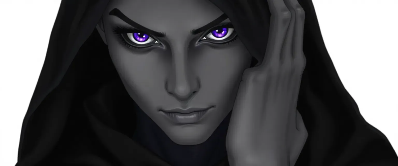 Pallid gray skin with necromantic tattoos, piercing violet eyes, draped in shadow robes.