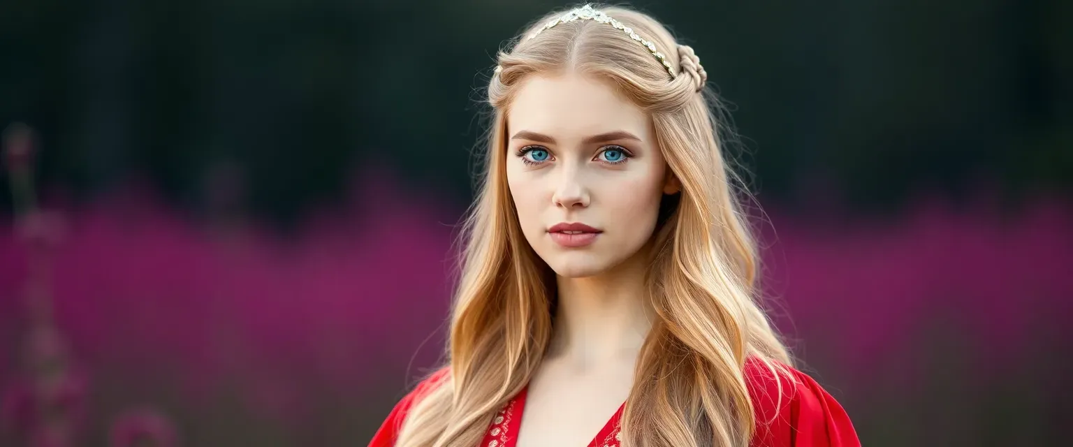 A 22-year-old Nordisovian princess with long golden hair, blue eyes, wearing a vibrant red dress.