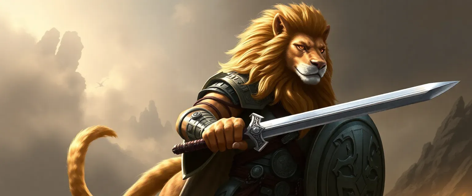 Tall Leonin with golden-brown fur and a majestic mane, wearing Greco-Roman style armor, wielding a sword and shield.
