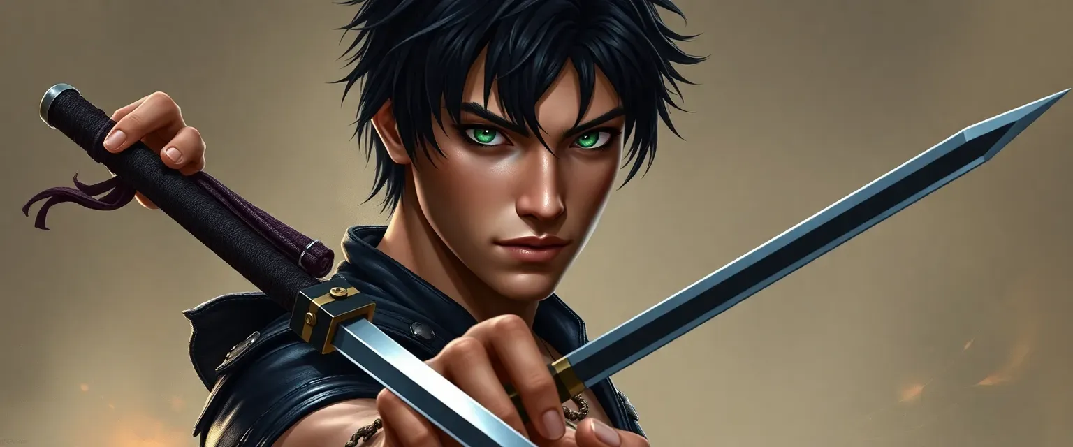 18-year-old human male with dark hair and piercing green eyes, wearing dark leathers, armed with short swords, shuriken, daggers, and a sling.