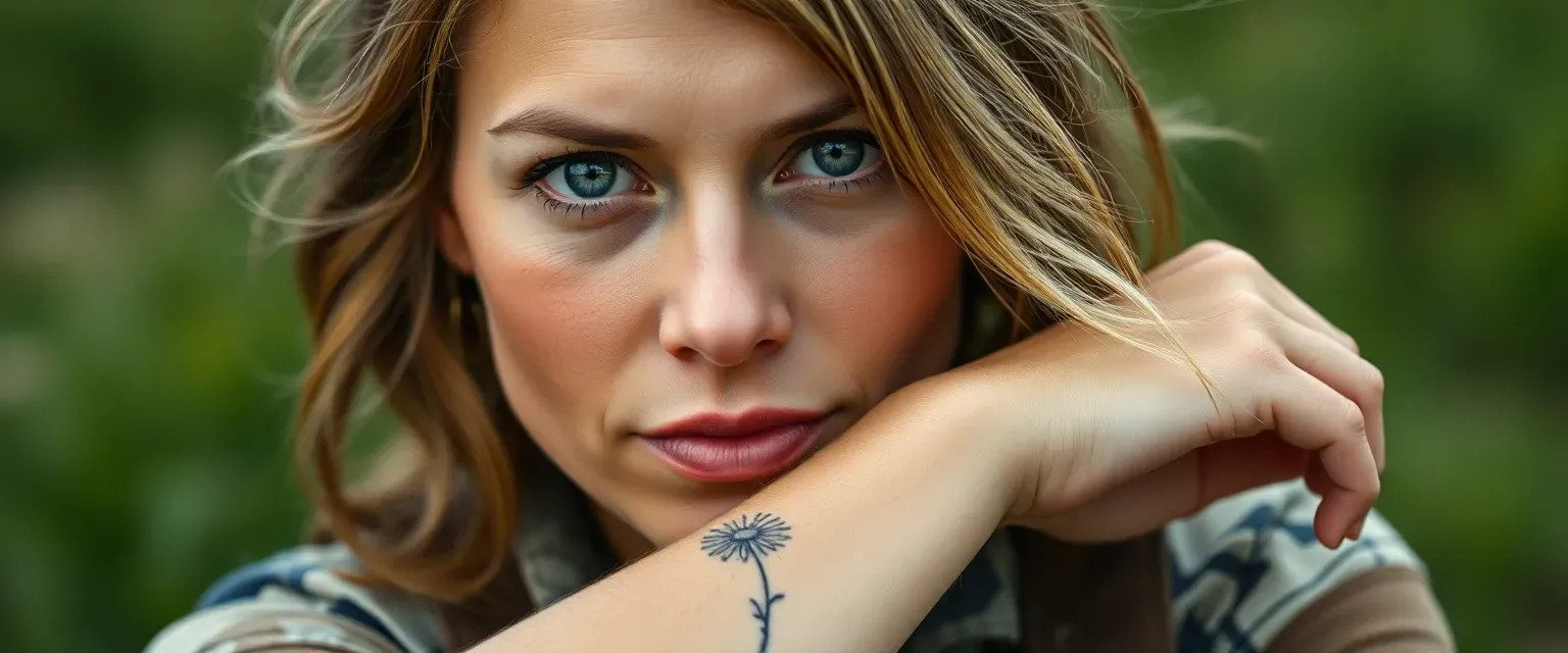 Woman in her 30s, weary eyes, sun-bleached hair, patchwork clothing, sturdy boots, faded dandelion tattoo on wrist.